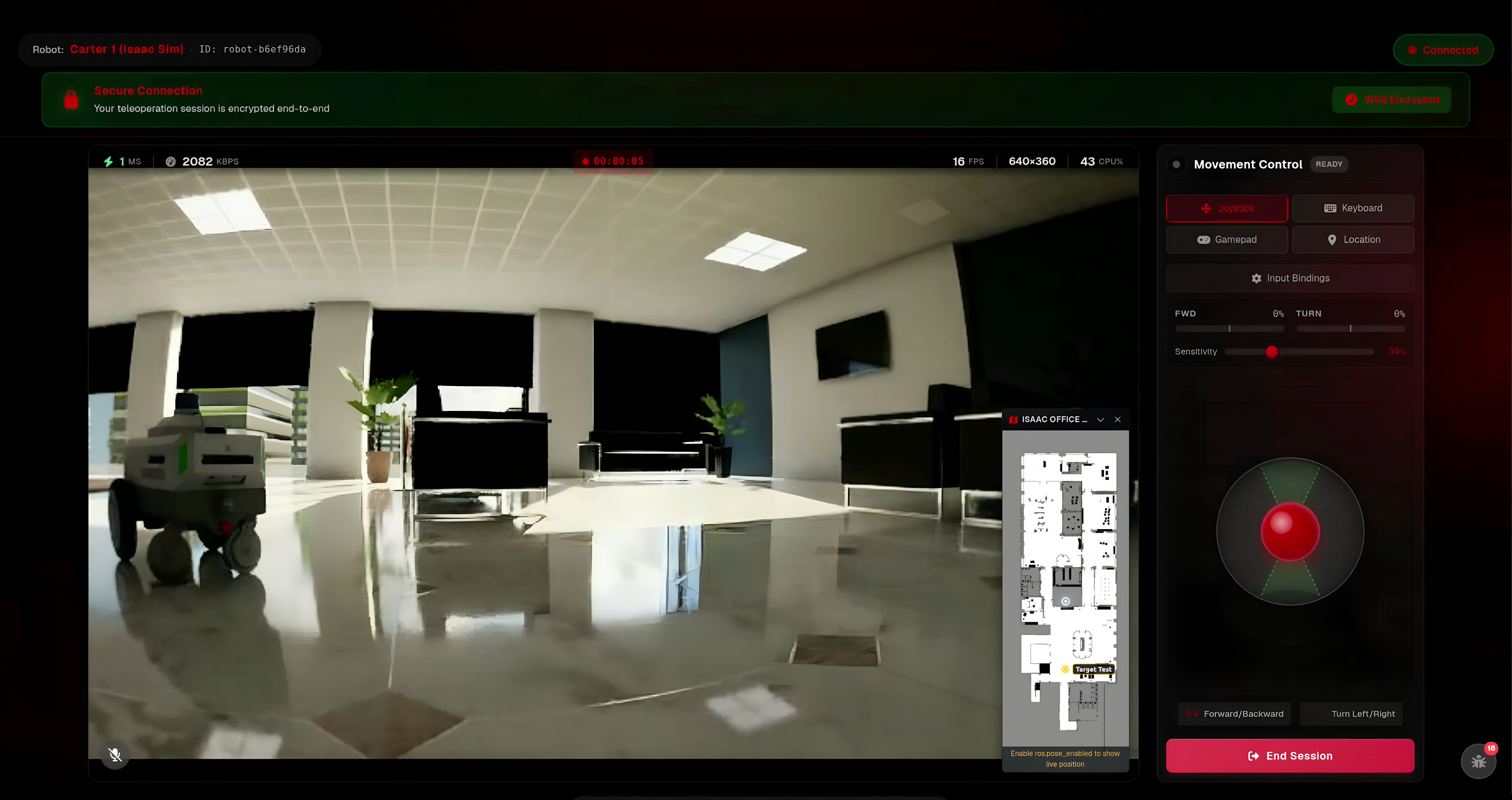A CTRL+R teleoperation session: live robot camera, connection stats, minimap, and movement controls